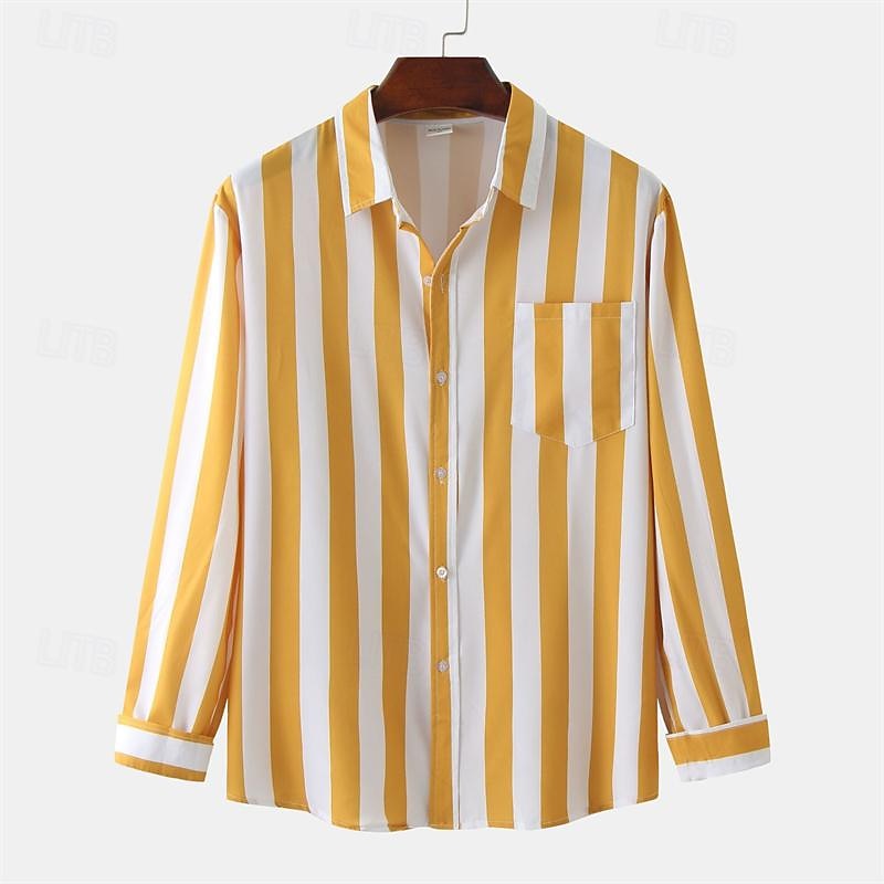 Voor heren Overhemd Zomer overhemd Normaal shirt Strand hemd Overhemd met knopen Gestreepte shirts Zwart Geel Lichtgroen Blozend Roze Koningsblauw Lange mouw Gestreept Revers Vakantie Hawaii 2025 - $22.99 –P11
