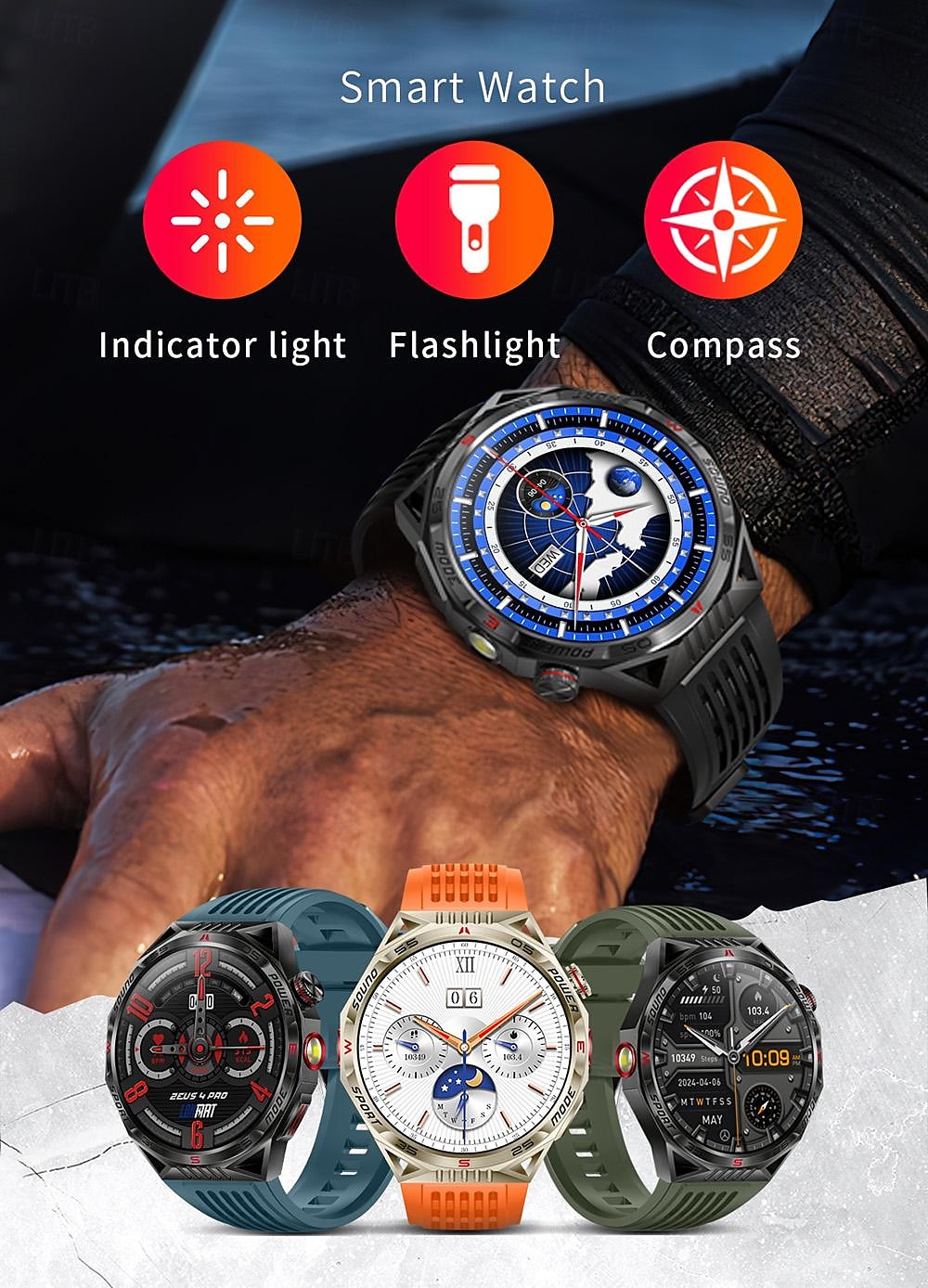 led-zaklamp smart watch heren ht28 buitensporten laserlicht bluetooth pratend kompas smart watch met 450 mah grote batterij 2025 - $59.99 –P2