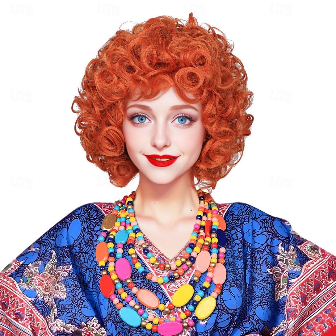 Peluca rizada naranja roja de cosplay con collar y pendientes para mujeres disfraz de carnaval pelucas de Halloween 2025 - $24.99 –P1