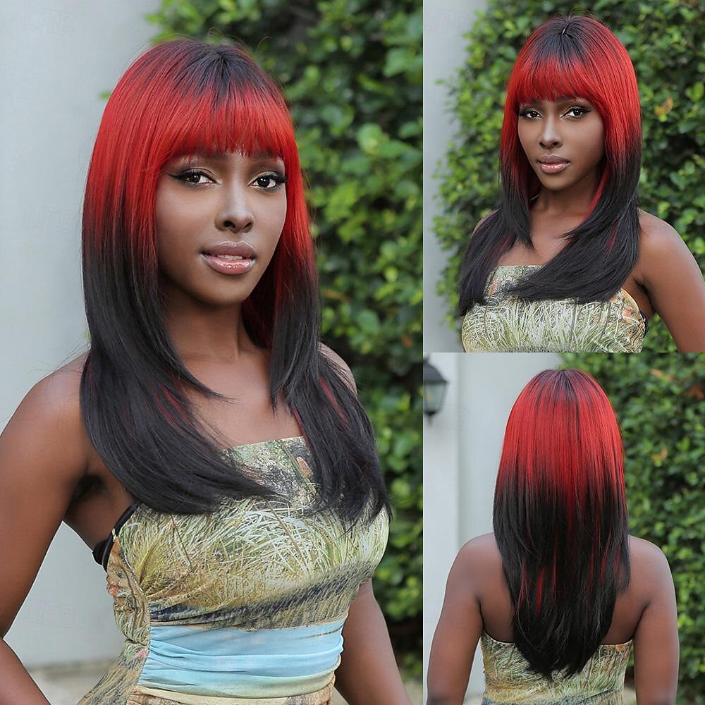 Synthetic Wig Costumes Straight kinky Straight Middle Part Layered Haircut Machine Made Wig 22 inch Black / Red Synthetic Hair Women's Cosplay Party Fashion Dark Wine Halloween Wigs 2026 - $27.99 –P5