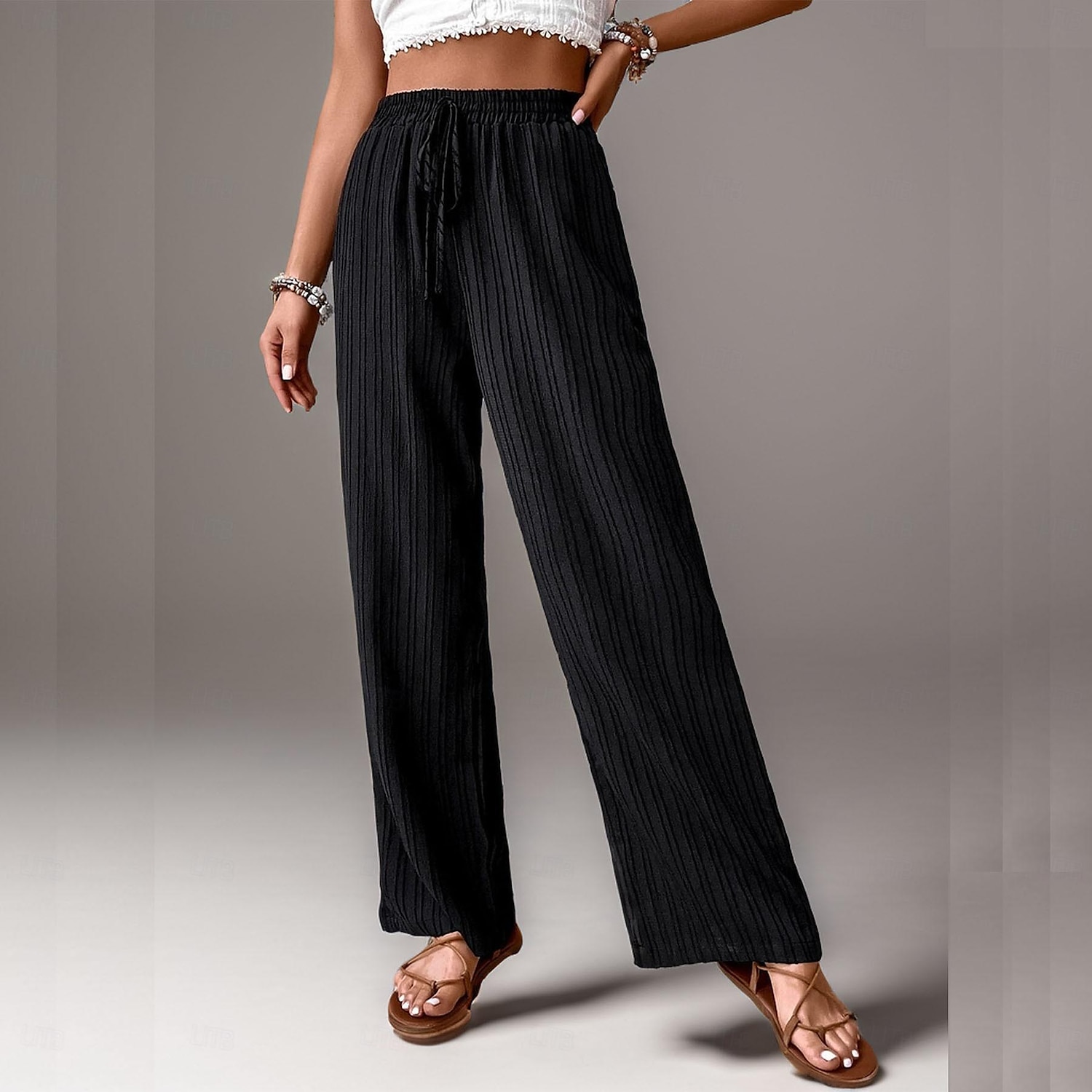 Women's Pants Trousers Fashion Long Plain Side Pockets Elastic Drawstring Design Breathability Comfortable Micro-elastic Casual Daily Black Blue Brown Green Spring & Summer Regular Fit 2025 - $24.99 –P7