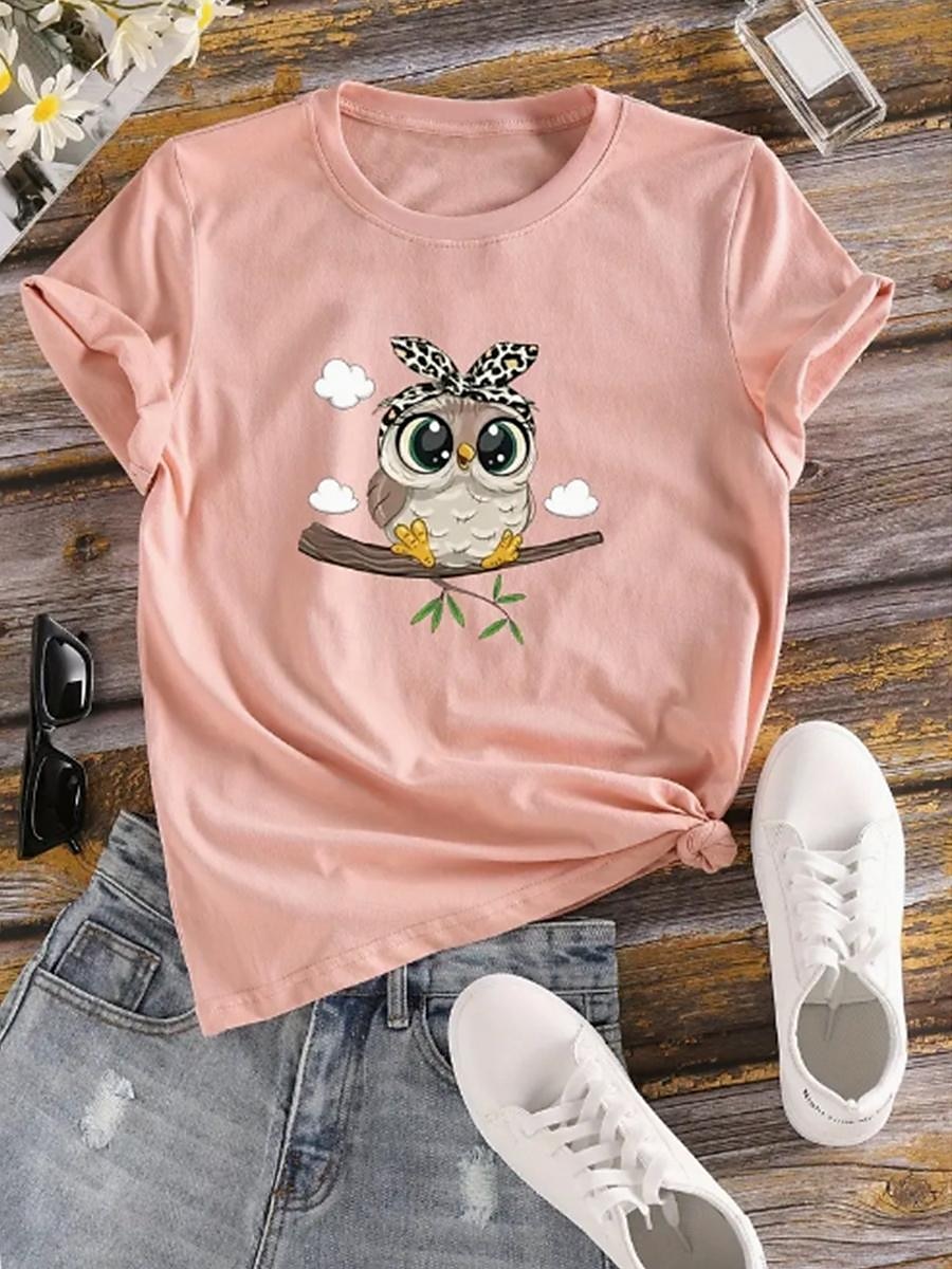 T-shirt femme 100% coton hibou quotidien décontracté manches courtes noir été de 2025 ? $19.99 –P1