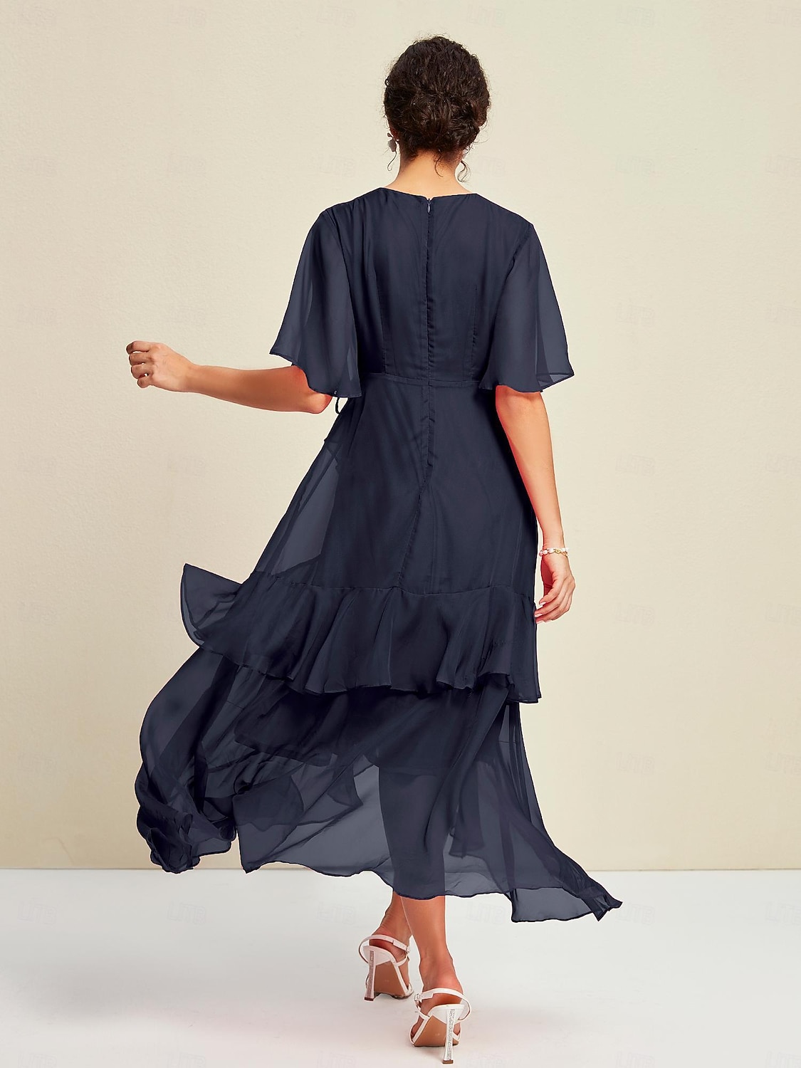 maxi abito in chiffon con maniche a volant non corrispondenti per gli invitati al matrimonio del 2025 a $79.99 –P2