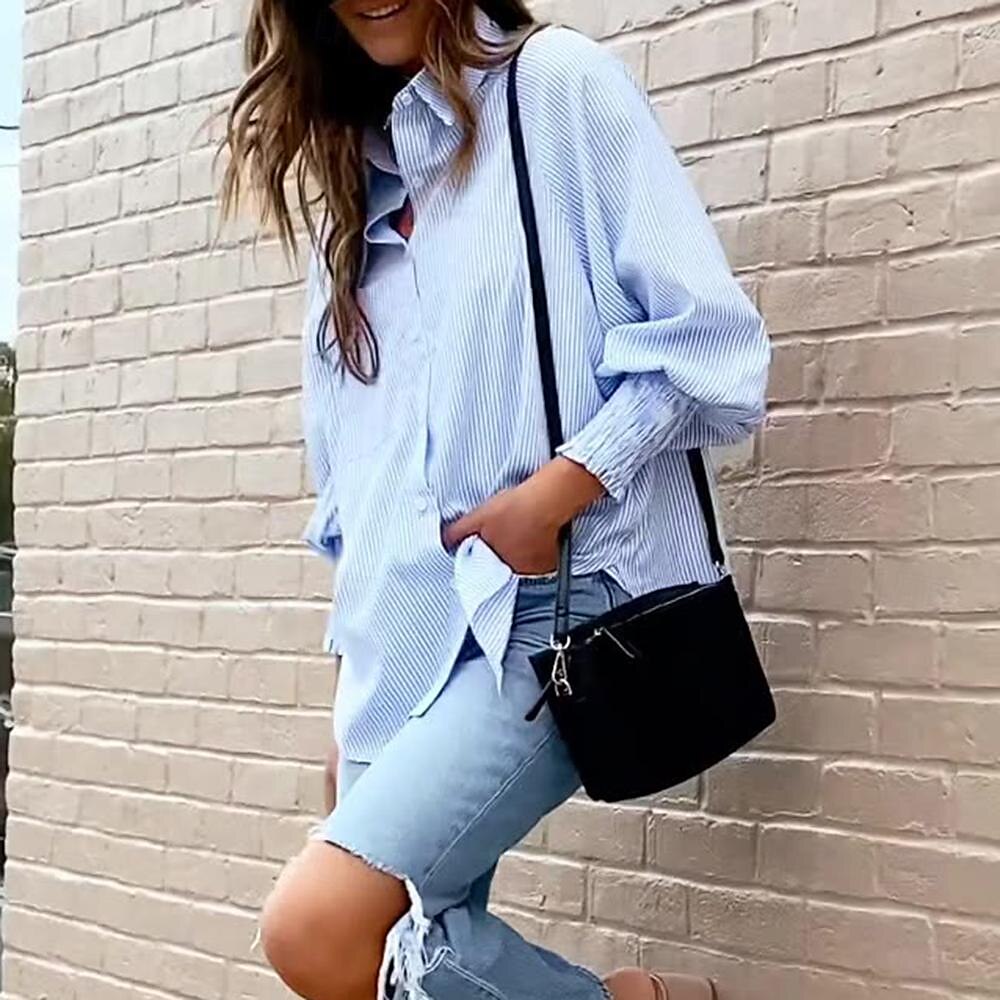 dames overhemd blouse casual gestreept knopen zak lange mouw normale tops overhemd kraag dagelijks zwart blauw lente& val 2025 - $39.99 –P7