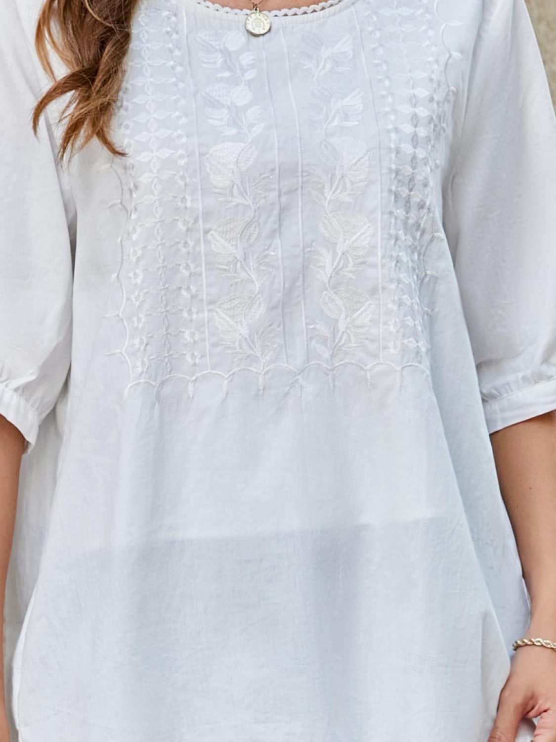 Femmes Chemise Chemises inspirées du lin Couleur Unie Fleuri Occasionnel Boho Manche 3/4 Manches au coude Col ras du cou Hauts Réguliers Vacances Soirée Quotidien Broderie Blanche Jaune Kaki Automne de 2025 ? $32.99 –P12
