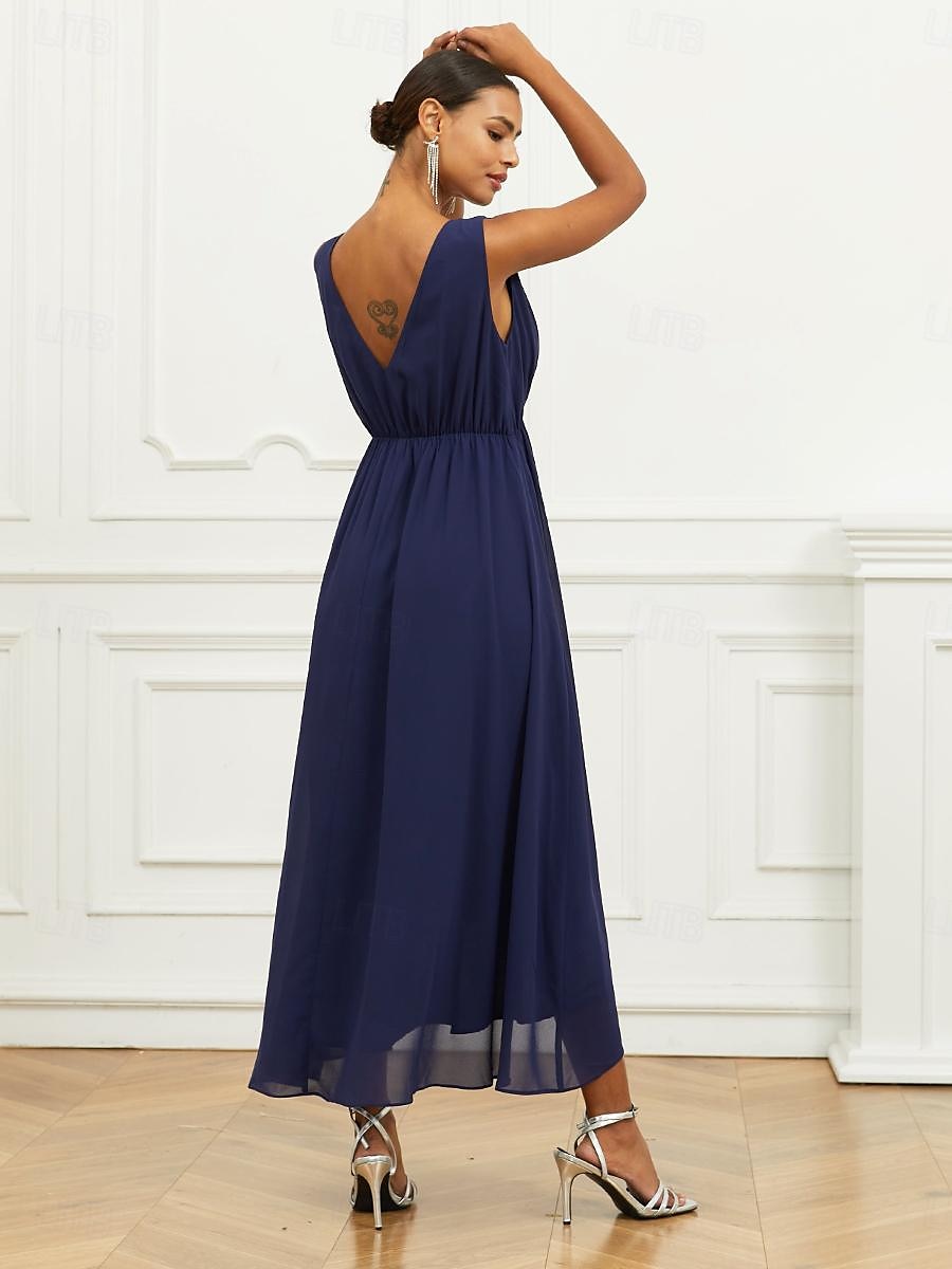 Pentru femei Rochie A line Rochie Maxi Șifon Zdrobit Niveluri Invitat la nunta Petrecere cu cocktail Elegant În V Fără manșon Bleumarin Culoare 2025 - $49.99 –P3