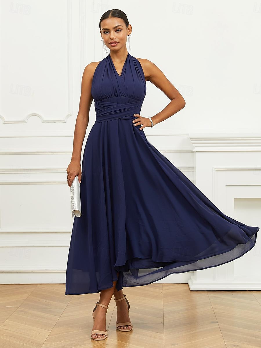 Robe Trapèze Femme Robe mi-longue Ruché Ceinturé robe demoiselle d honneur Soirée Cocktail Elégant Grande occasion Une Epaule Sans Manches Ample bleu marine S M L XL 2XL de 2025 ? $63.99 –P19
