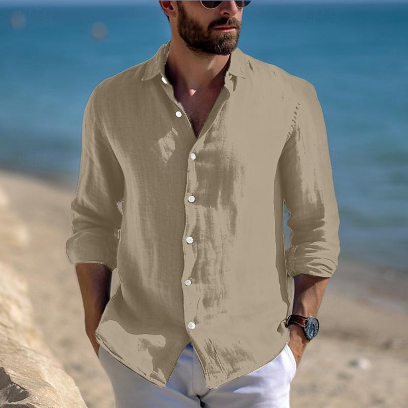 Men's Shirt Linen Shirt Summer Shirt Beach Wear Casual Shirt Button Up Shirt Plain Vacation Casual Black White Pink Blue Long Sleeve Lapel Spring & Summer Clothing Apparel 2025 - $23.99 –P8