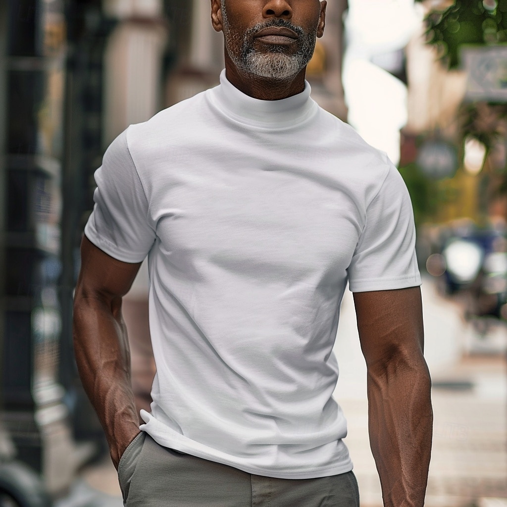 Men's T Shirt Mock Turtleneck Short Sleeve Turtleneck Summer Spring Fall Solid Color Plain Fashion Casual Comfortable Vacation Street Holiday White Top Tee for Men 2026 - $16.49 –P1