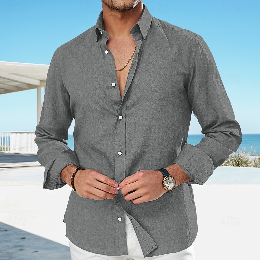 Pánské Lněná košile Letní košile Oblečení na pláž Košile pro volný čas Košile na knoflíky Bez vzoru Ležérní Denní Černá Bílá Královská modř Khaki Dlouhý rukáv Klopa Jaro léto Oblečení 2026 - $26.99 –P12