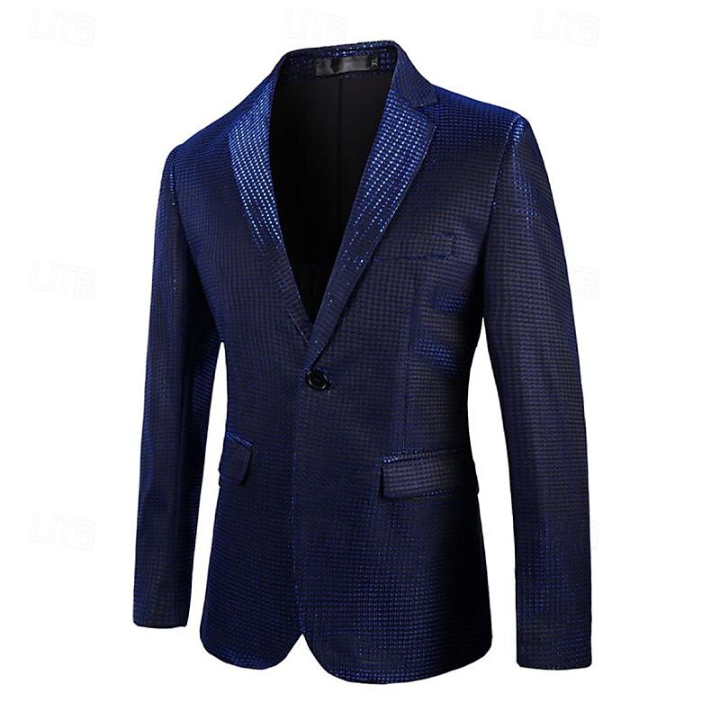 Herre Blazer Formell kveld Fritid / hverdag Søt Alle årstider 65%Cotton 35%Polyester Ensfarget / vanlig farge Paljetter Fritid Bryllup Enkeltkneppet Blazer Sølv Svart Rød Blå 2025 - $83.99 –P13
