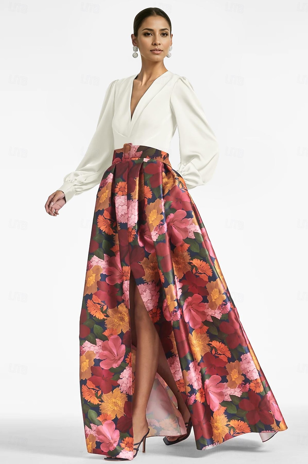 A-Line Evening Gown High Split Dress Formal Wedding Guest Floor Length Long Sleeve V Neck Belt / Sash Satin with Floral Print Slit Wedding Guest Dress 2025 - $179.99 –P1