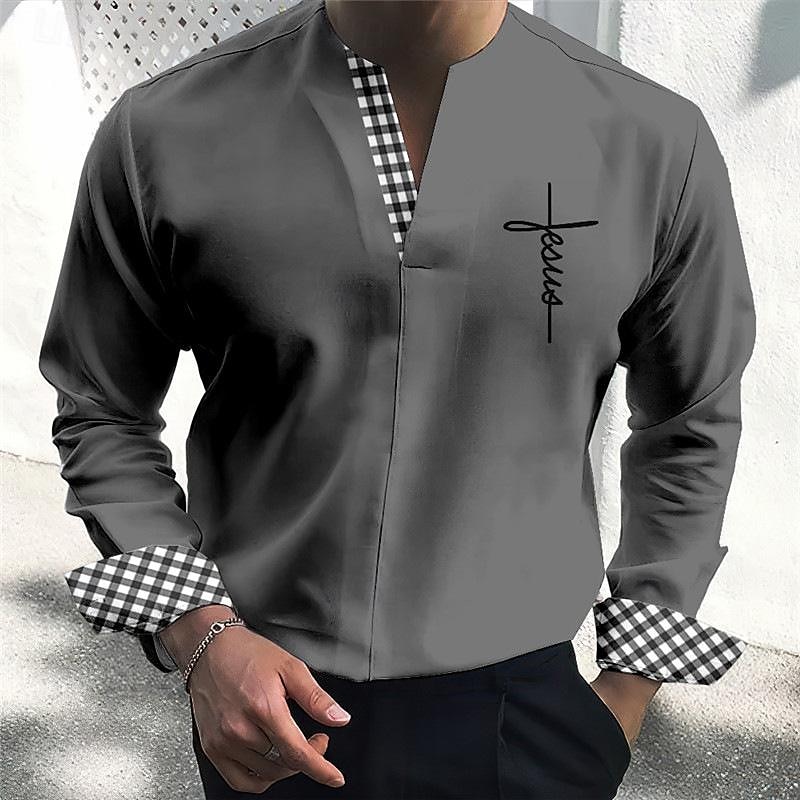 Men's Shirt Summer Shirt Casual Shirt Sky Blue khaki Gray Light Blue Long Sleeve Plaid Color Block Faith V Neck Holiday Vacation Patchwork Clothing Apparel Fashion Chinese Style Casual Comfortable 2025 - $24.99 –P1