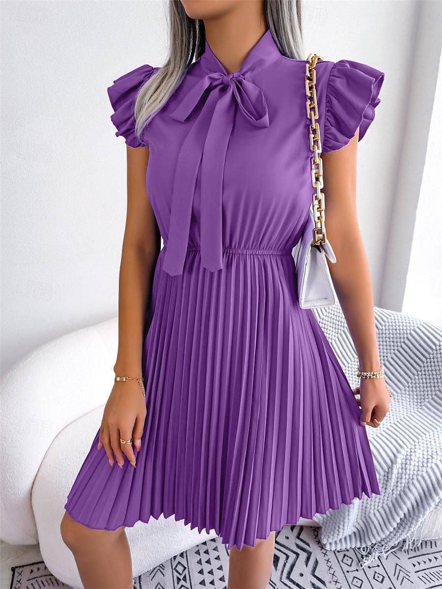 Dames Zwarte jurk Mini-jurk Chiffon Veters Ruche Afspraakje Vakantie Streetwear Basic Opstaand Mouwloos Zwart Wijn Paars Kleur 2025 - $26.99 -P10