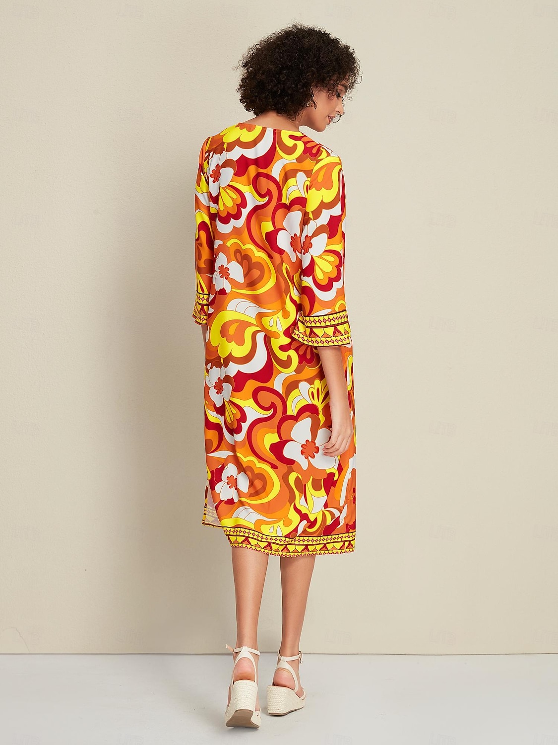 Abito midi con scollo a V e maniche a 3/4 con cravatta in raso sul davanti del 2026 a $20.69 –P2