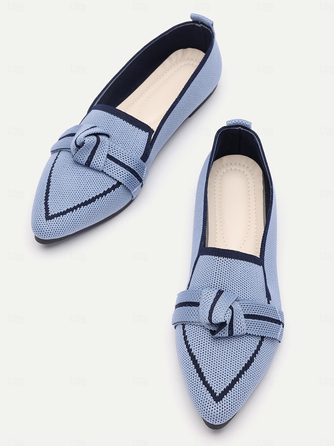kvinners blå strikkede, spisse tåflater med sløyfe – komfortable slip-on loafers for fritidsbruk og hverdagsbruk 2025 - $26.99 –P2