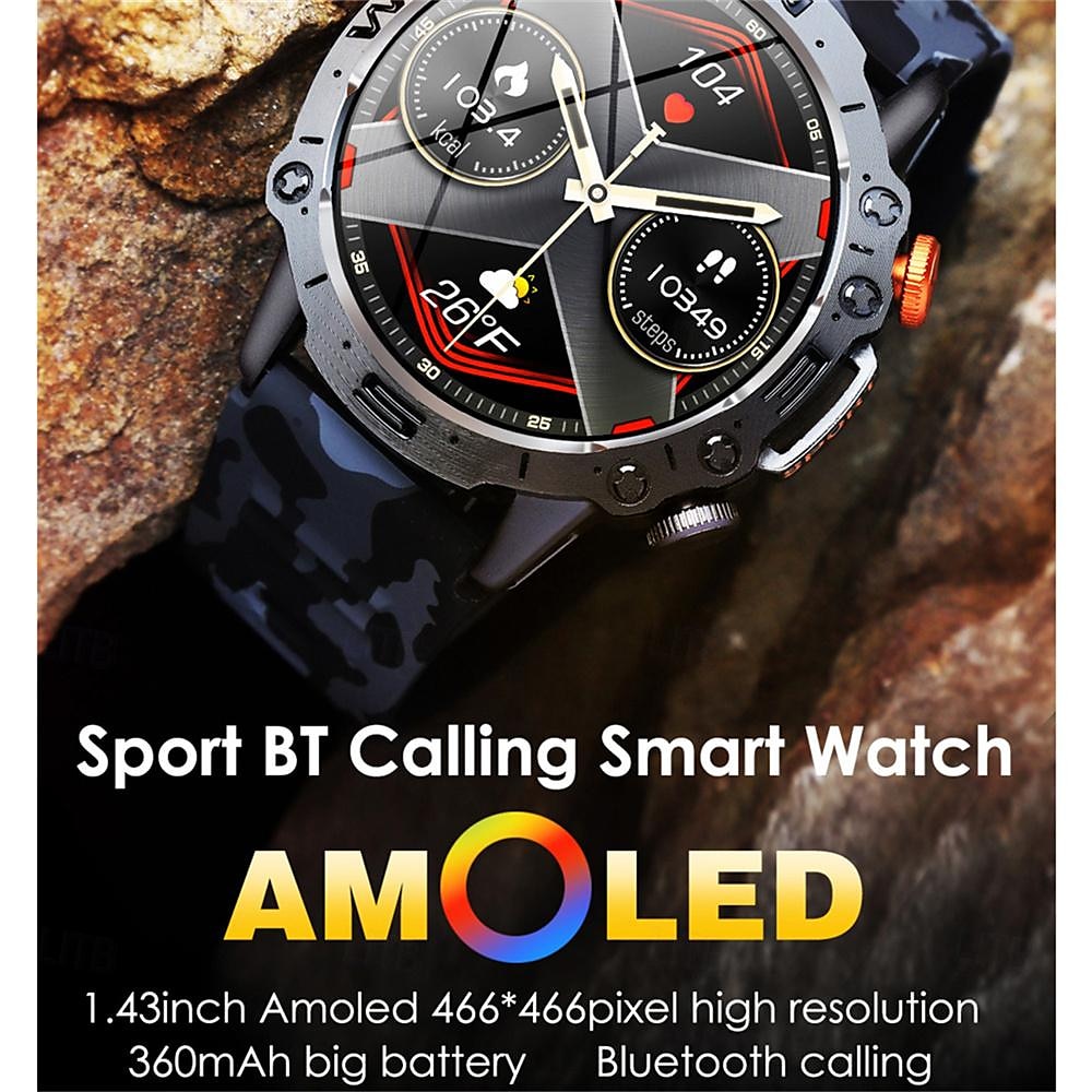 2025年 k59 スマートウォッチ 1.43インチ AMOLED メンズ アウトドア スポーツ スマートウォッチ 360mAh バッテリー 心拍数モニター Bluetooth 通話 ウォッチ  コレクション – $52.99 –P2