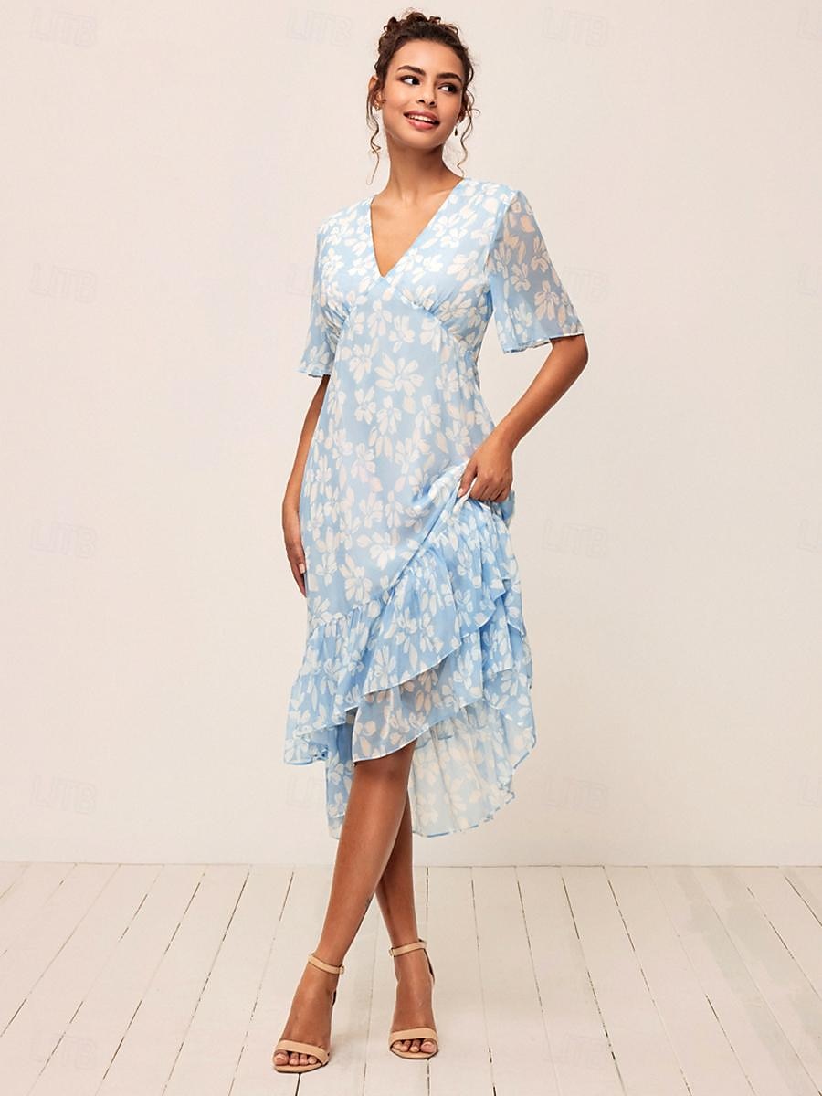 Per donna Abito Midi Abito a trapezio Abito a strati Elegante Manica Svasata Vacanza Quotidiano Vestibilità comoda Floreale Mezza Manica Scollo a V Azzurro Estate del 2025 a $55.99 –P2