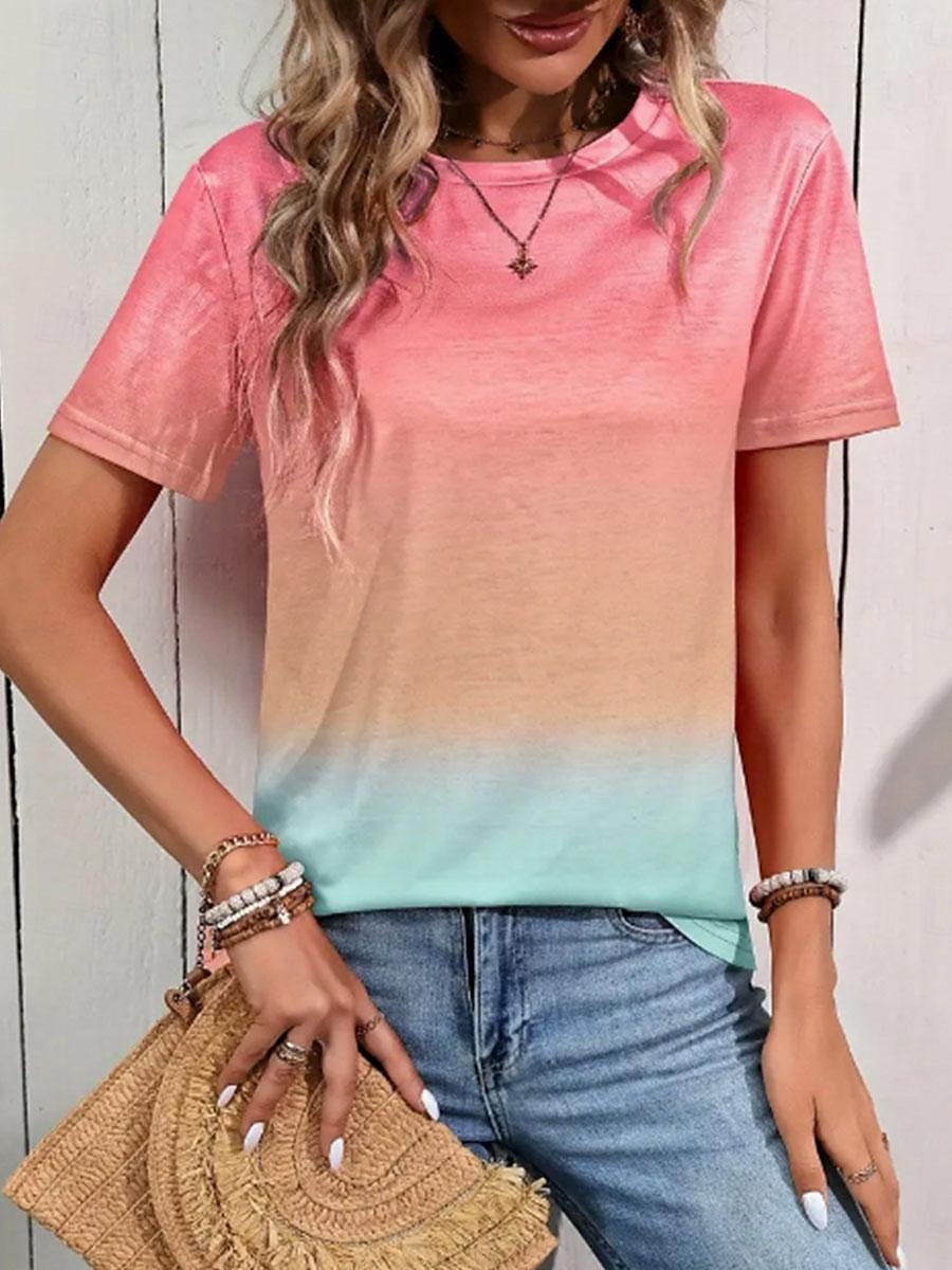 dame t-skjorte uformell gradient print kortermet vanlige topper rund hals daglig blå lilla grønn regnbue sommer 2025 - $19.99 –P1