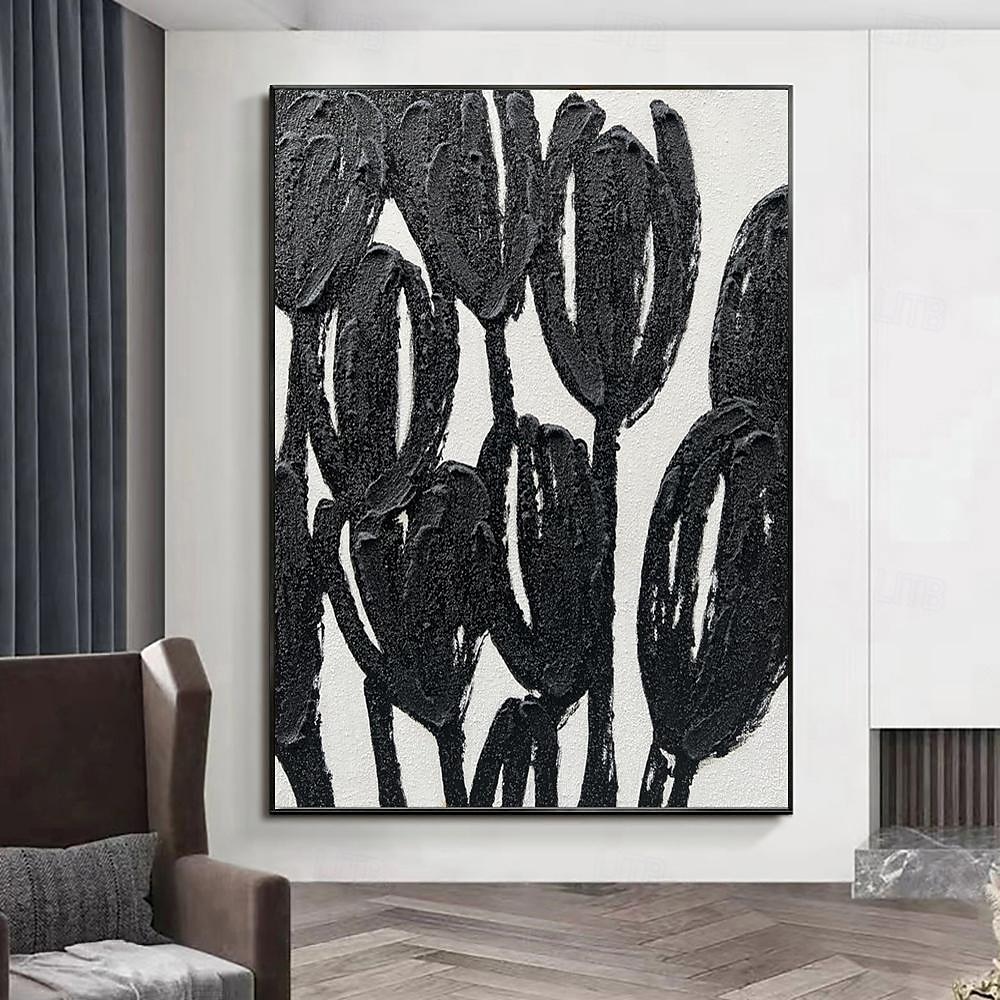 handgemaakte olieverf canvas kunst aan de muur decoratie abstracte textuur zwart-witte bloemen voor huisdecoratie gerold frameloos ongerekt schilderij 2025 - $54.99 –P1