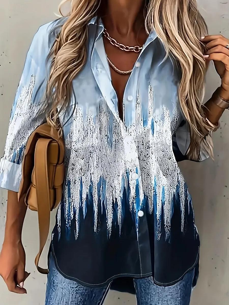 Damenshirt Langarm Button-Down Bluse Stilvolle Knöpfe Druck 3/4-Länge Ärmel Hemd Kragen Arbeit Alltag Blau Sommer Frühling Herbst 2025 - $32.99 –P1