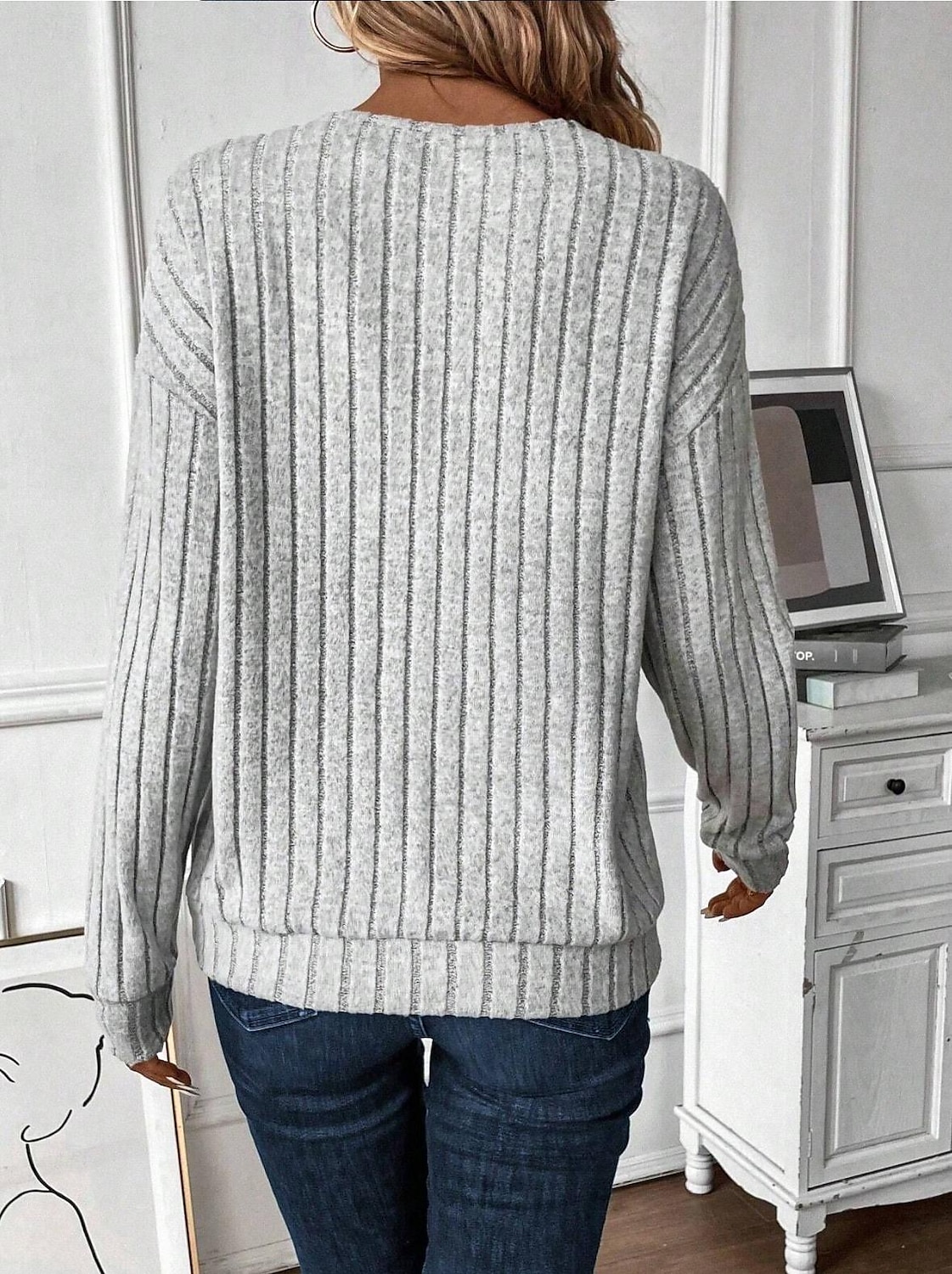 Dam Blus Ensfärgat Slät Stylish Ledigt Långärmad V-hals Dagligen Rynkad Svart Ljusgrå Ros rosa Vår Höst Vinter 2025 - $29.99 –P2