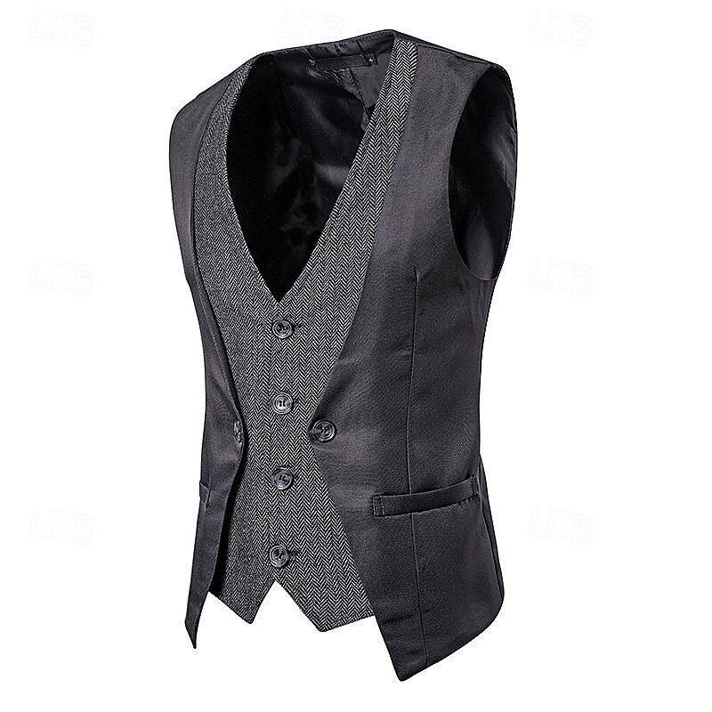 Men's Vest Gilet Wedding Event / Party Daily Fashion Business Spring & Fall Patchwork Button 2 in 1 Polyester Comfortable Color Block Single Breasted One-button V Neck Regular Fit Black Navy Blue 2025 - $29.99 –P7