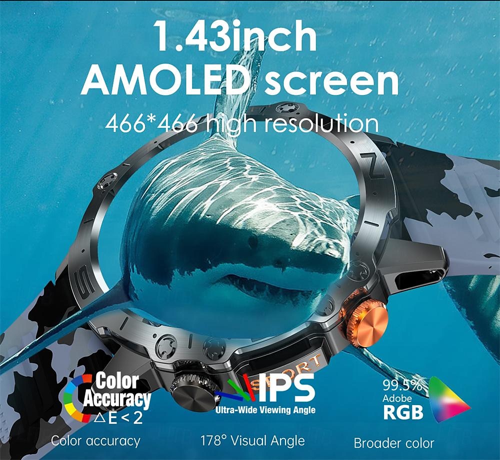 2025年 k59 スマートウォッチ 1.43インチ AMOLED メンズ アウトドア スポーツ スマートウォッチ 360mAh バッテリー 心拍数モニター Bluetooth 通話 ウォッチ  コレクション – $52.99 –P7