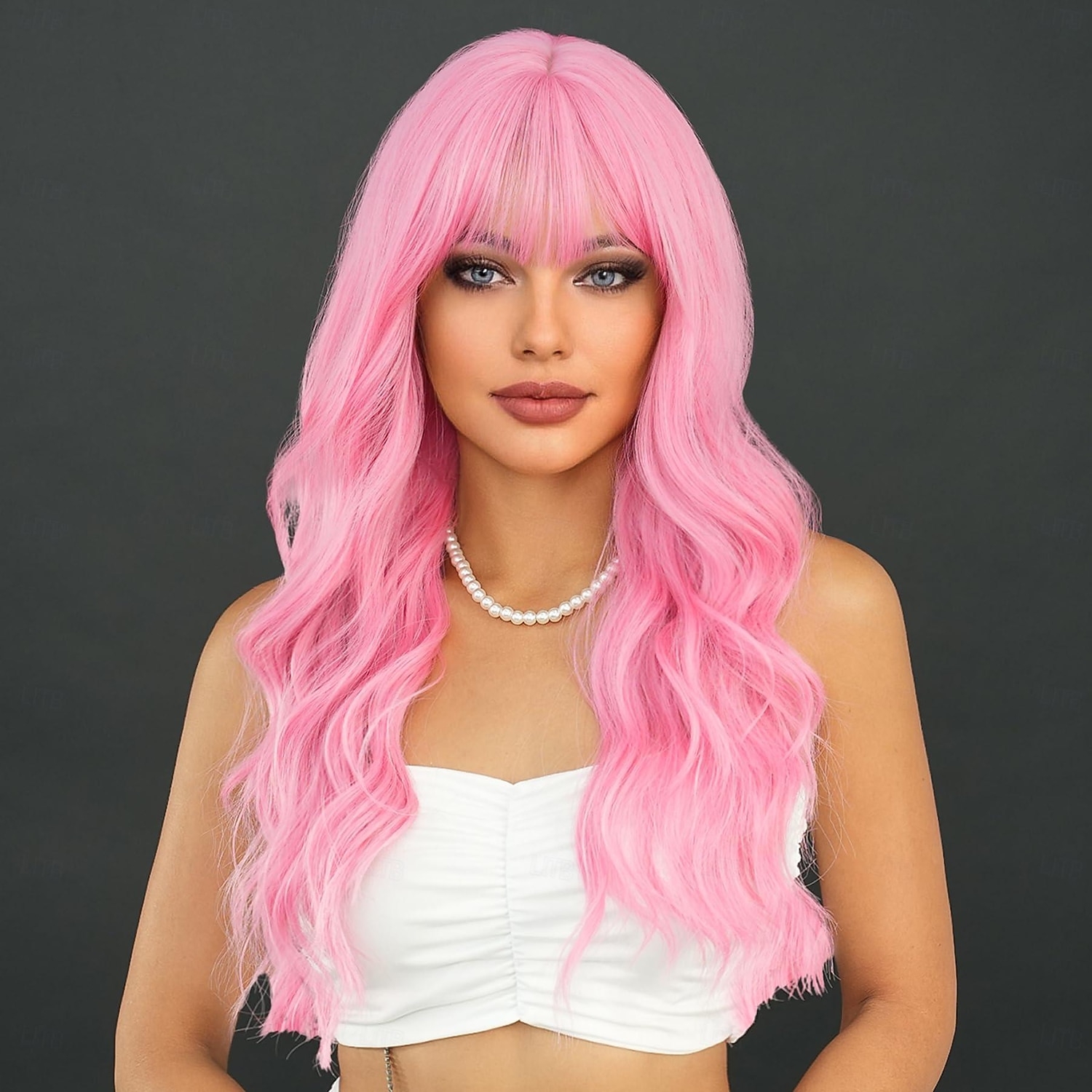 Long Wavy Pink Wig 24in Natural Heat Resistant Fiber Synthetic Curly Light Pink Wigs with BangsHalloween Cosplay Party Wigs 2025 - $19.49 –P2