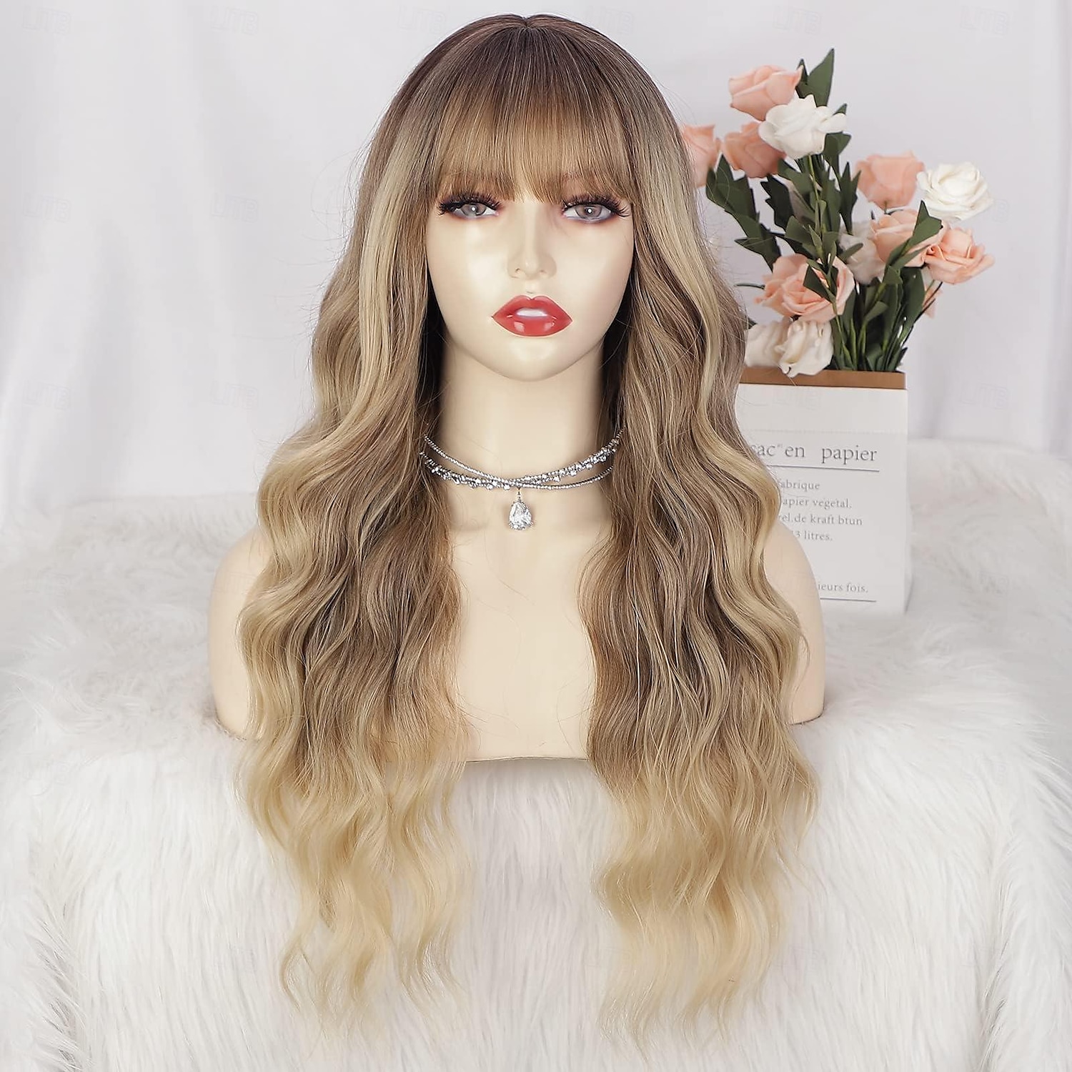 peruca loira ombre com franja perucas longas loiras onduladas para mulheres perucas sintéticas cacheadas onduladas com raiz escura parte do meio peruca resistente ao calor para uso diário em festas de 2025 por $19.49 –P6