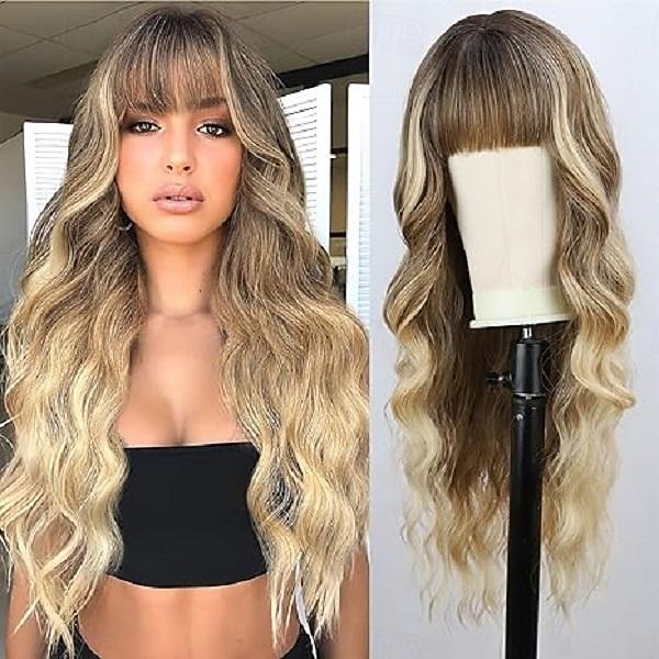 Perruques avec frange perruque longue ondulée pour femmes perruques avec frange en fibres synthétiques résistantes à la chaleur perruques cosplay de fête Halloween de 2025 ? $19.49 –P3