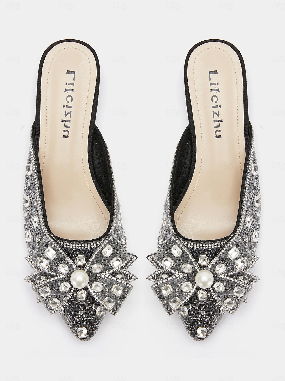 Damen Mules Bling-Bling-Schuhe Glitzer Kristall Pailletten Juwelen Party Kristall Flacher Absatz Spitze Zehe Elegant Modisch Mikrobielles Leder Halbschuhe Mandelfarben Schwarz 2025 - $42.99 –P3