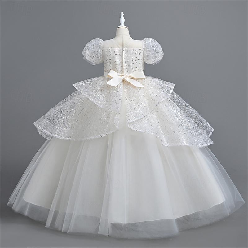 Flower Girl Dress Girls' Party Dress Performance Wedding Party Princess Beautiful Sweet Sequins Mesh Solid Color Short Sleeve Crew Neck White Pink 4-12 Years 2025 - $43.99 –P8