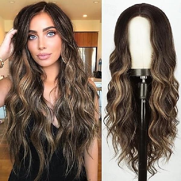 perruque blonde pour femme, perruque longue ondulée avec racines foncées, 26 pouces, partie centrale, cheveux en fibre synthétique pour une utilisation quotidienne, fête, carnaval de 2025 ? $20.99 –P4