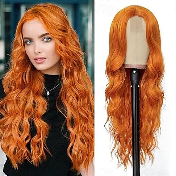 Peruca Longa e Ondulada para Mulheres com Parte Central Curly Wavy Peruca Sintética de Fibra Resistente ao Calor Fantasia de Halloween de 2025 por $21.99 –P4