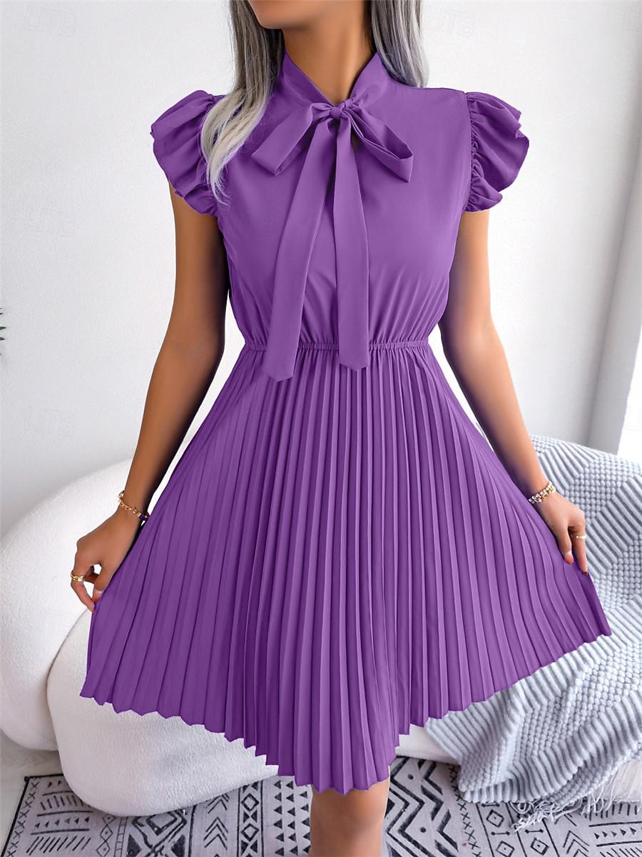 Dames Zwarte jurk Mini-jurk Chiffon Veters Ruche Afspraakje Vakantie Streetwear Basic Opstaand Mouwloos Zwart Wijn Paars Kleur 2025 - $26.99 -P12