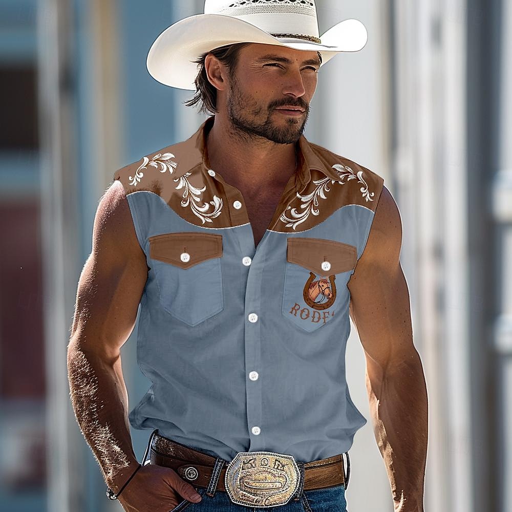 Homme Cheval Impression du sud-ouest Chemise Chemise Western Chemise de cow-boy Sans Manches style occidental Extérieur Travail Casual Eté Printemps Col de Chemise Bleu Vert Kaki de 2025 ? $27.99 –P3