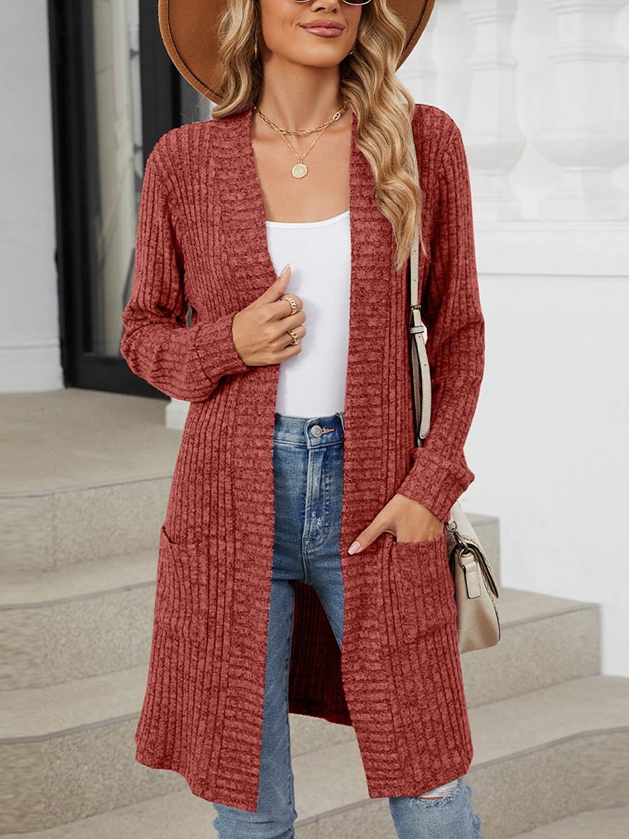 dames vest open voorkant gebreid pocket lente herfst regular daily daily lange mouw effen kleur 2025 - $39.99 –P6