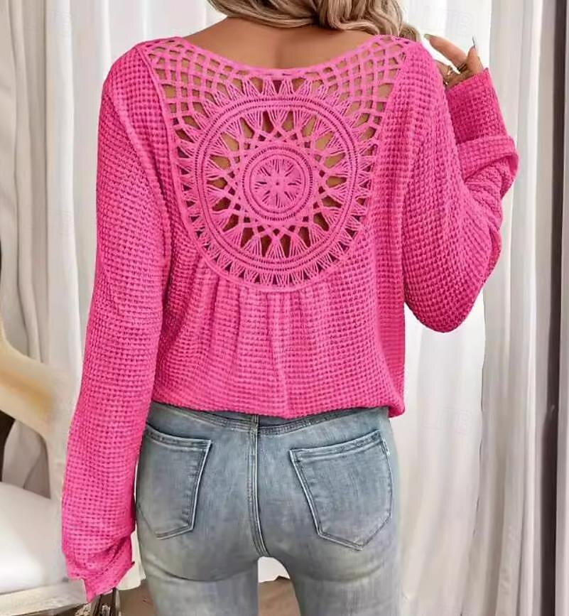 Bluse Eleganti in Pizzo Bianco per Donna con Occhielli Blusa Casual Elegante Colore Unito Maniche Lunghe Collo a Giro Top Petits Romantici da Indossare in Estate e Vacanza Verde Erba Rosa Blu Beige del 2025 a $28.99 –P2