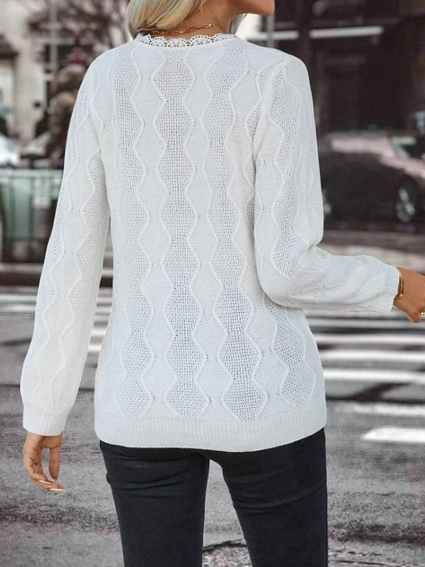 Women's Sweater Elegant Solid Color Waffle Crew Neck Lace Long Sleeve Regular Tops Knit Daily White Spring Fall 2025 - $54.99 –P2