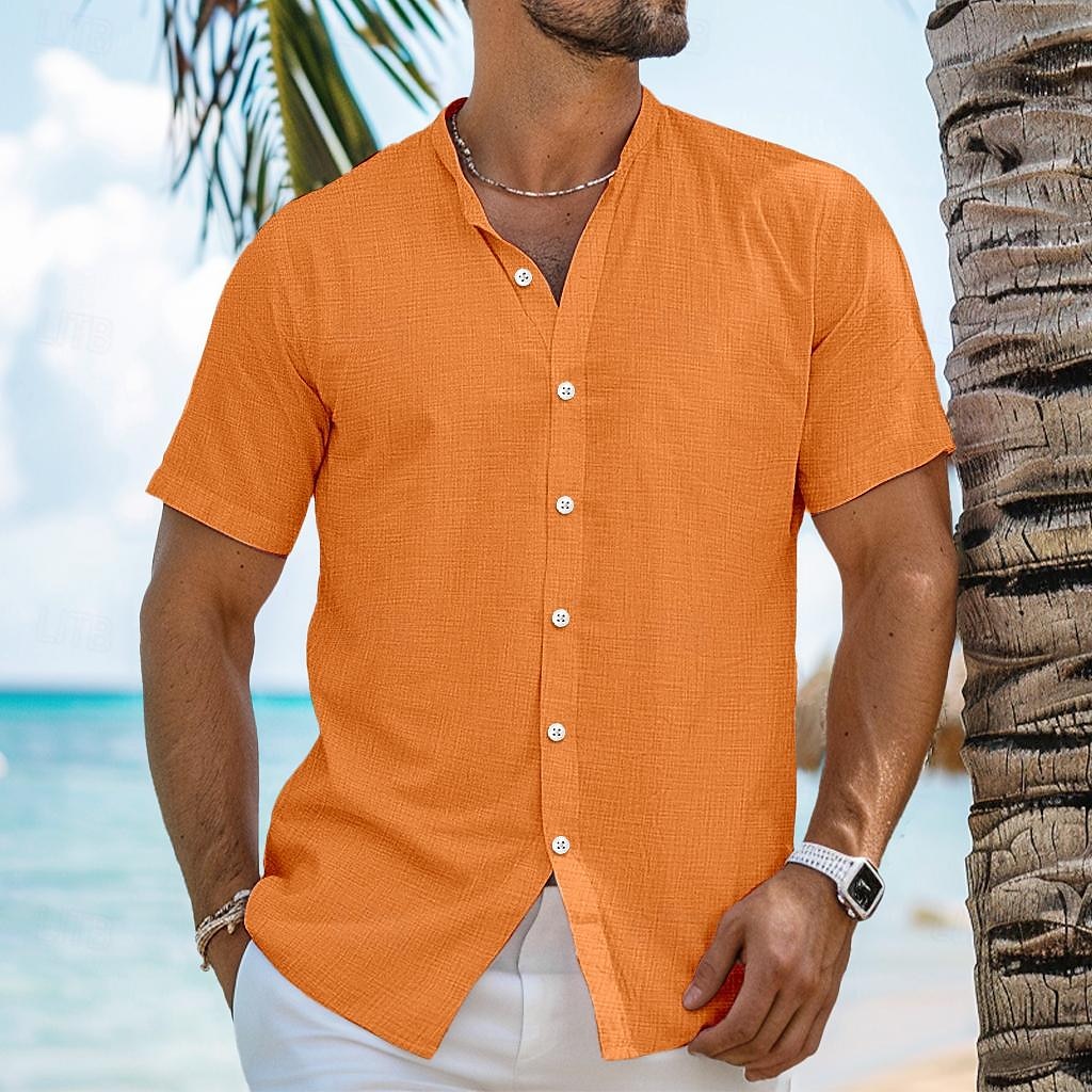 Voor heren Overhemd Linnen overhemd Zomer overhemd Strand Kleding Overhemd met bandkraag Overhemd met knopen Effen Vakantie Curise Zwart Wit blauw Oranje Korte mouw Band Kraag Zomer Kleding 2025 - $22.99 –P1