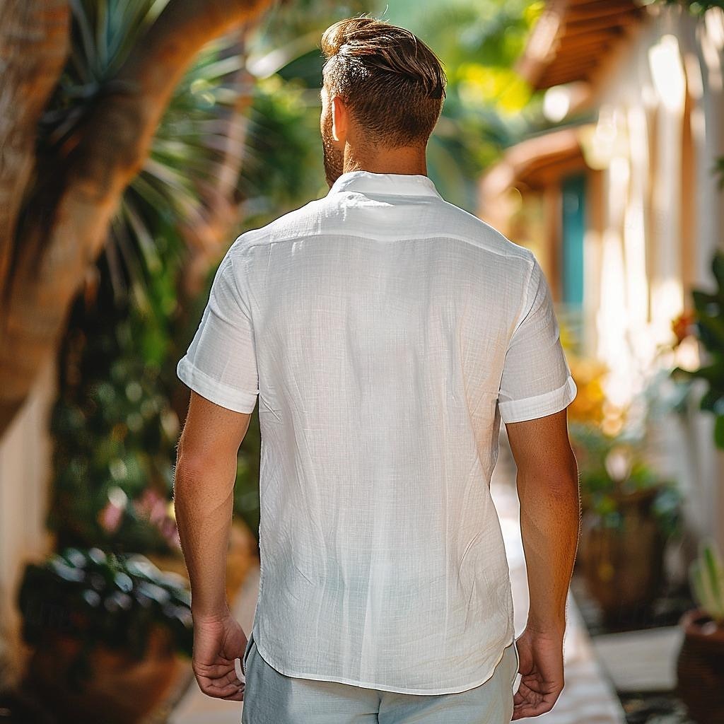Men's Solid Color Linen Shirt Casual Shirt Button Up Shirt Short Sleeve Vacation Daily Sports & Outdoors Causal Athleisure Turndown Buttons White 2025 - $4.39 –P3