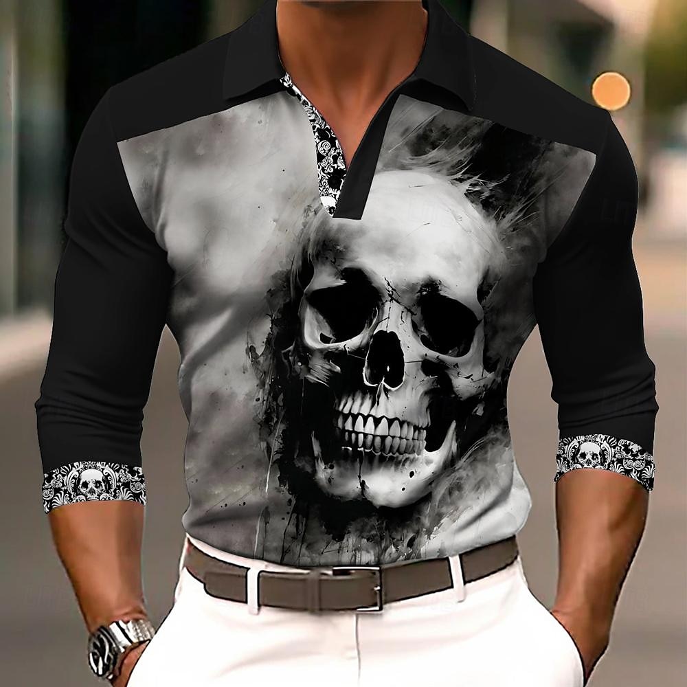 Men's Skull Polo Shirts Golf Shirt Long Sleeve Polo Shirts Collared Shirts Horror Streetwear Festival Wear Party Outfits Buttons 3D Print Fall & Winter Black 2025 - $23.99 –P1