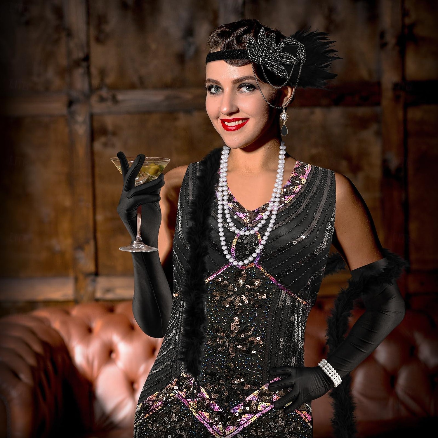 Set Anni Ruggenti Anni 1920 Lunghezza al ginocchio Vestito Abito Flapper Abiti con accessori Senza maniche Il grande Gatsby Charleston Invitato al matrimonio Paillettes Frangia con nappe Piuma Scollo del 2026 a $77.99 –P3