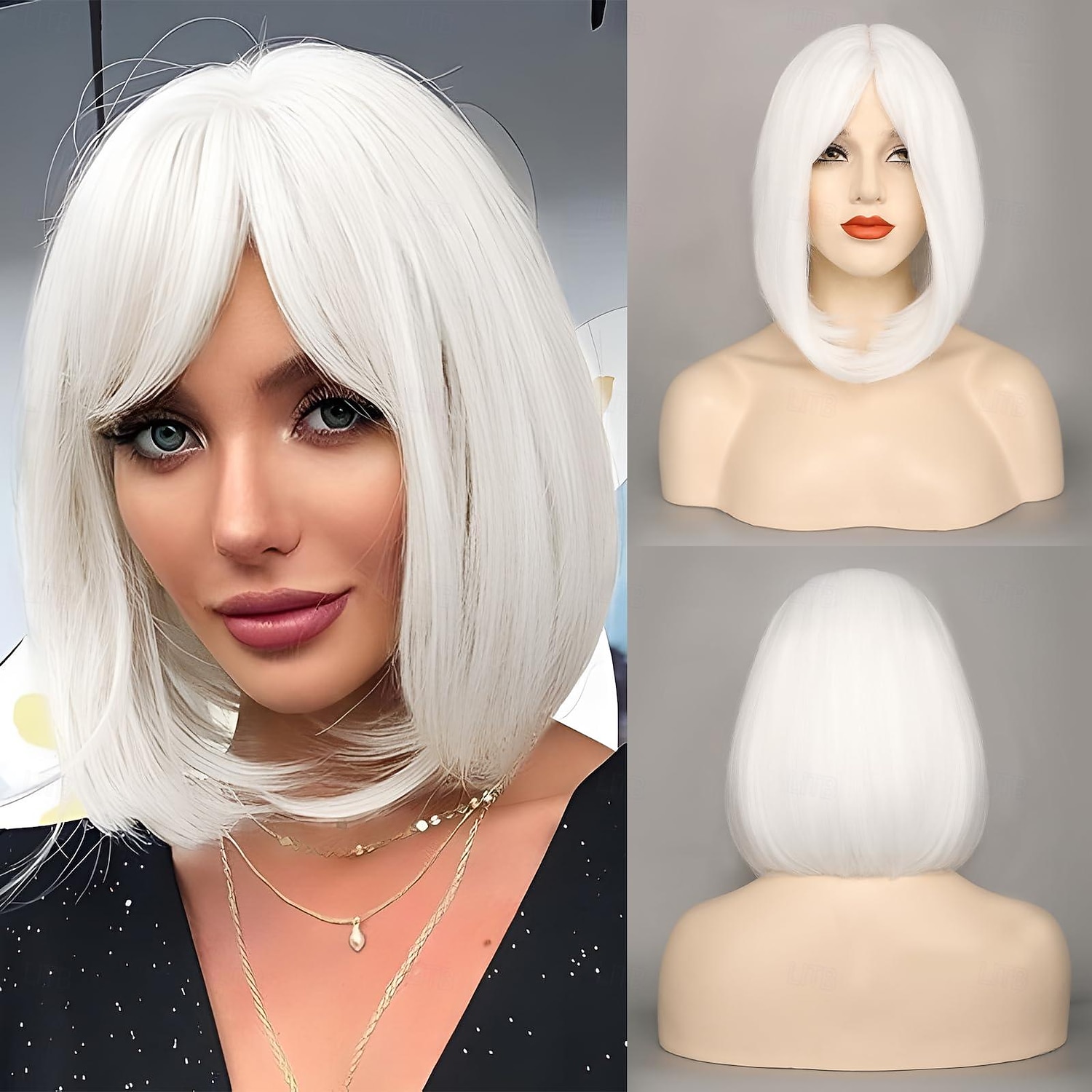 Parrucche Bob Bianche per Donne Parrucca Bob Corto con Frangia 14 pollici Parrucche Lisce Sintetiche Complete per Feste Quotidiane Parrucche di Halloween del 2025 a $17.99 –P1