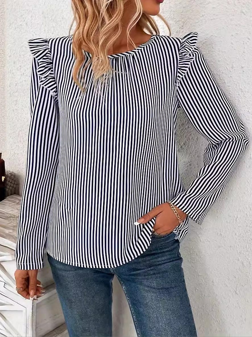 Women's Tunic Striped Stylish Long Sleeve Crew Neck Work Daily Ruffle Asymmetric Hem Blue Spring Fall 2025 - $29.99 –P2