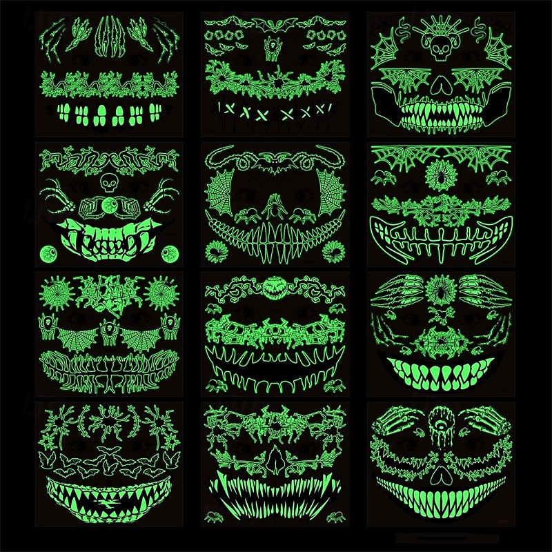 12 bucăți autocolant de tatuaj amuzant de groază de Halloween, care strălucește în întuneric, autocolant pentru față, autocolant rezistent la apă pentru cicatrice de păianjen 3d 2025 - $21.99 –P1