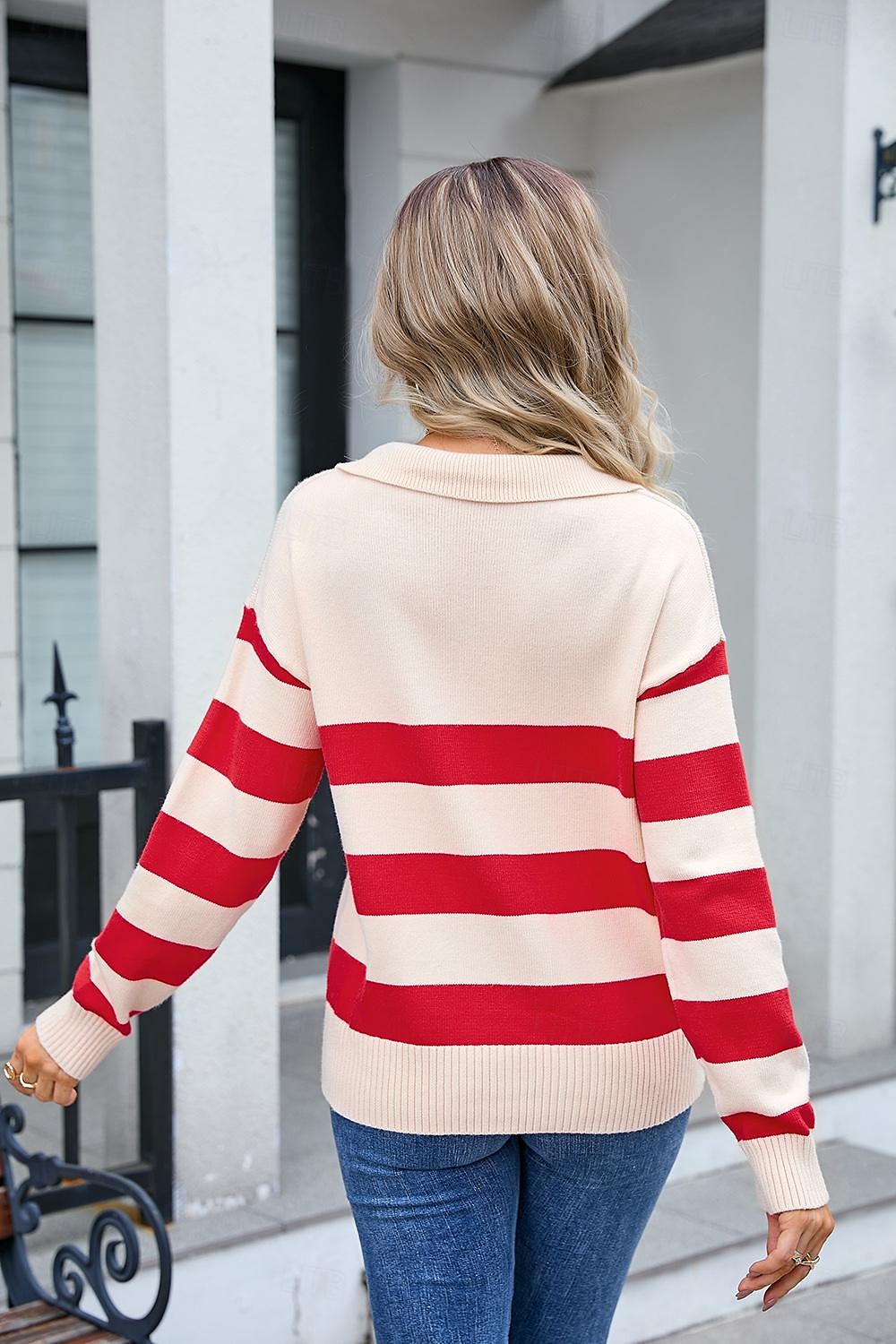 Women's Sweater Stylish Striped Chunky Shirt Collar Print Long Sleeve Long Tops Knit Work Black Red Spring Fall 2025 - $64.99 –P6