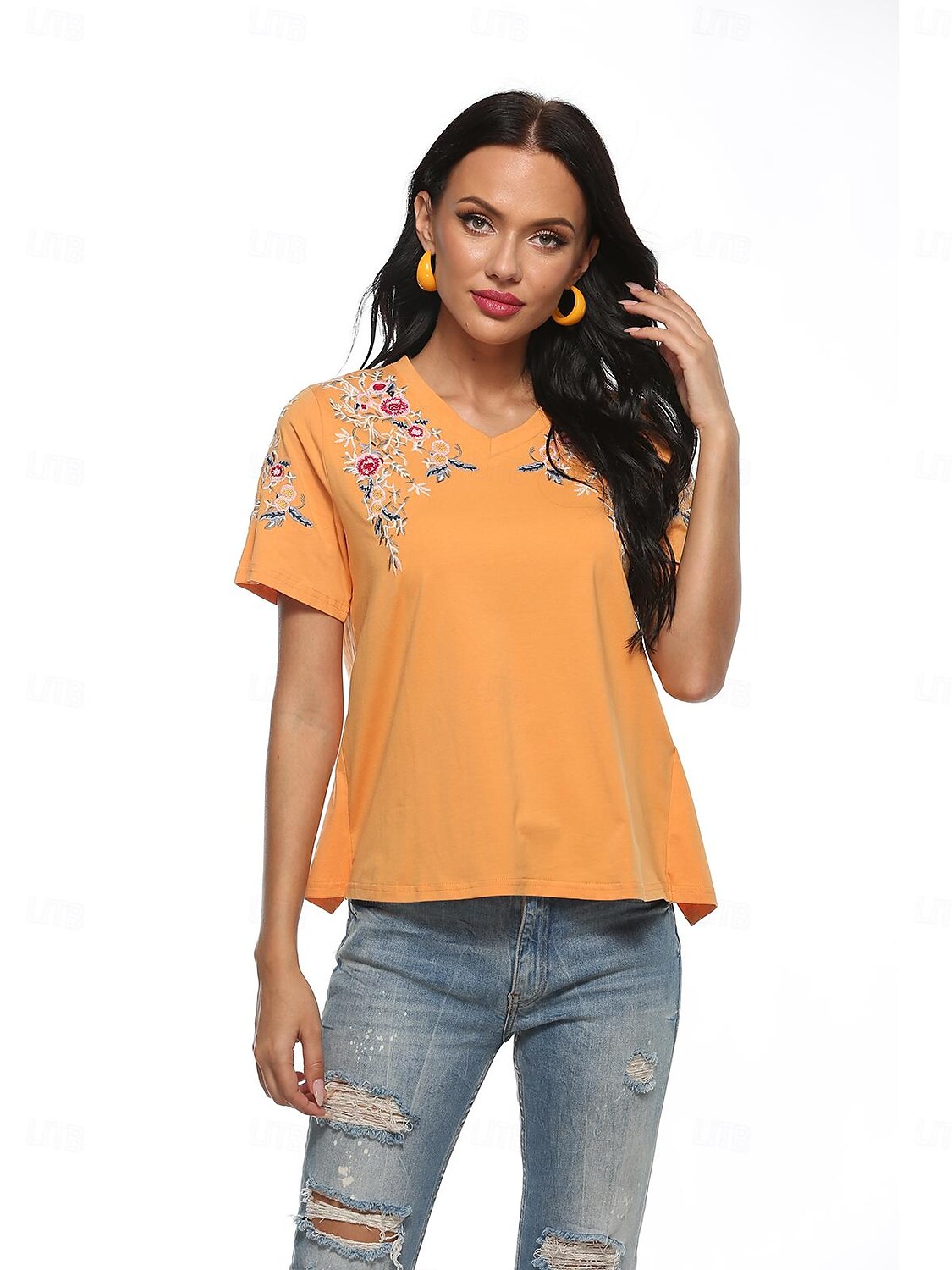 Thanksgiving Day Dame Boho T-skjorte Blomstret Bohem Fritid Kortermet Lanterne Erme V-hals Lange topper Daglig Ut på byen Helg Gul Oransje Vår 2025 - $18.99 –P12
