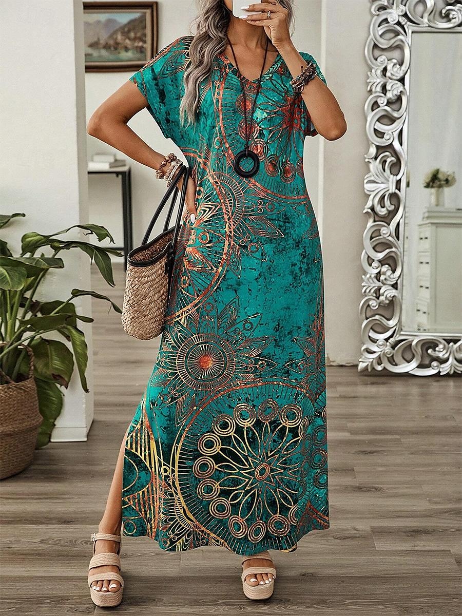 Kvinnors Maxiklänning Sundress Shift Klänning A-linje Klänning Avslappnad Drop Shoulder Daglig Lös Passform Grafisk Kort ärm V-hals Blå Grön Sommar 2025 - $28.99 –P1